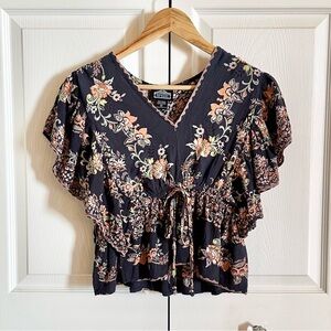 Angie Navy Blue Floral Print Ruffle Drawstring Bohemian Festival Blouse M